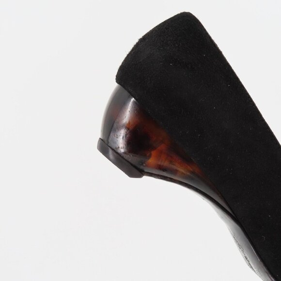 Salvatore Ferragamo 7.5 B Black Suede Tortoise Shell Design Heel Round Toe Italy - Picture 9 of 16